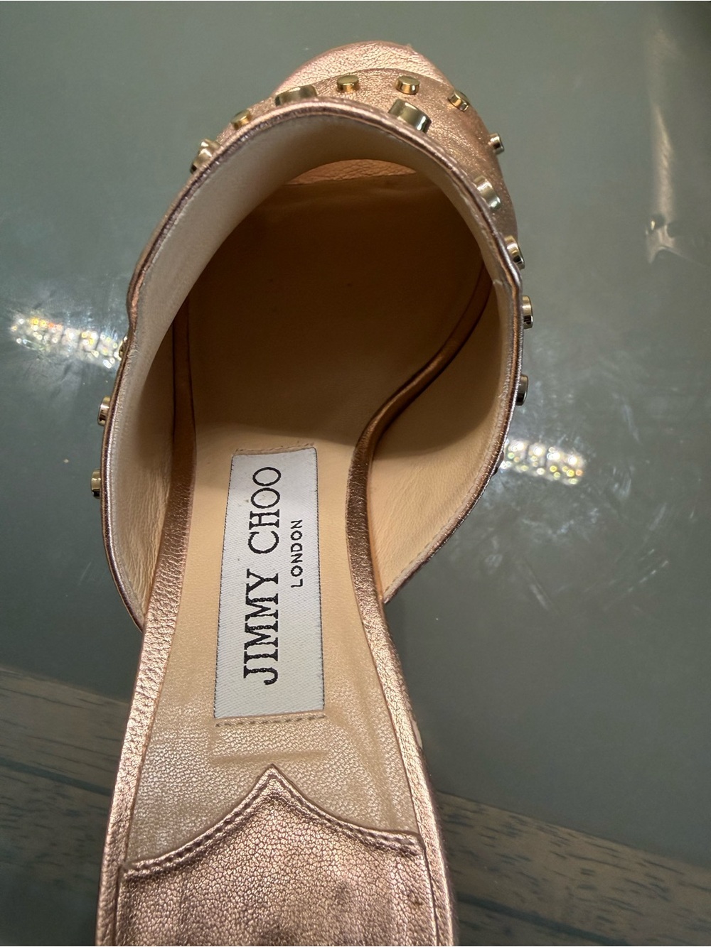 Jimmy Choo Rose Gold Studded Open-Toe Mules - Picture 5 of 13